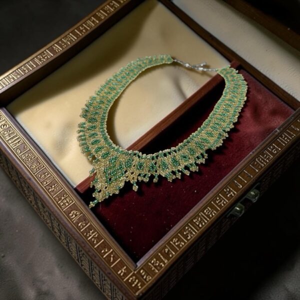 Emerald & Gold Handwoven Beaded Collar Necklace