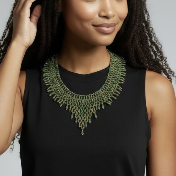 Emerald & Gold Handwoven Beaded Collar Necklace